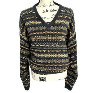 Vintage 90s Grandpa Sweater Green Intarsia Silk Blend Crewneck Pullover Mens L